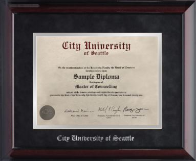 DELUXE-Hardwood diploma frame with glossy mahogany finish, black velvet top mat and silver bottom mat with "City University of Seattle" silver embossing